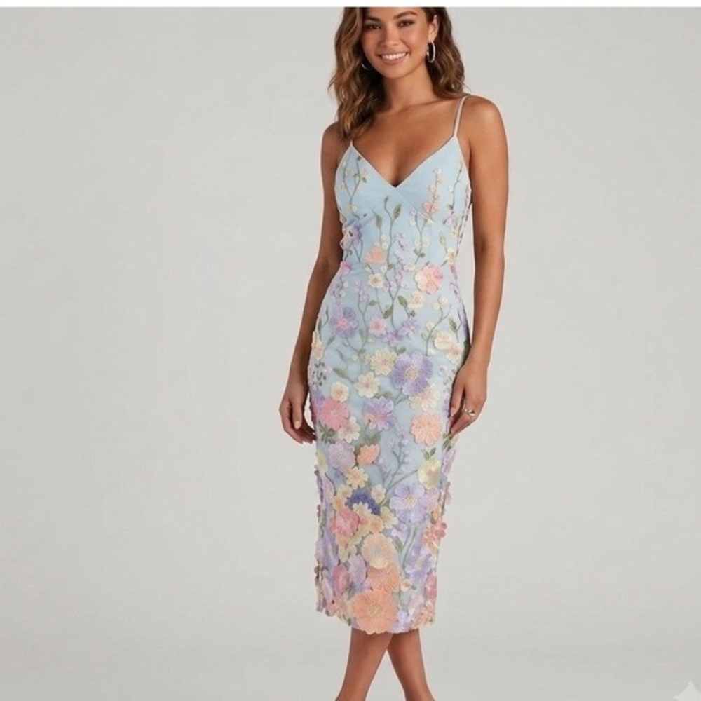 Bebe Floral Embroidered Midi Dress Blue Multi V-Neck Sheath BEBE S